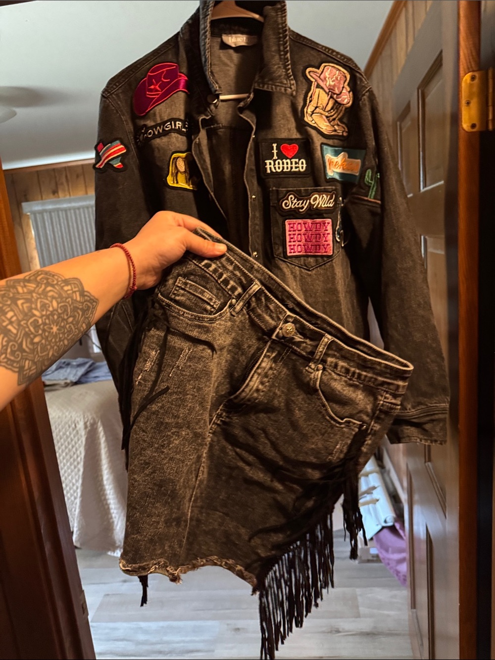 Distressed Black Denim Jacket with Western Patches - Unbranded